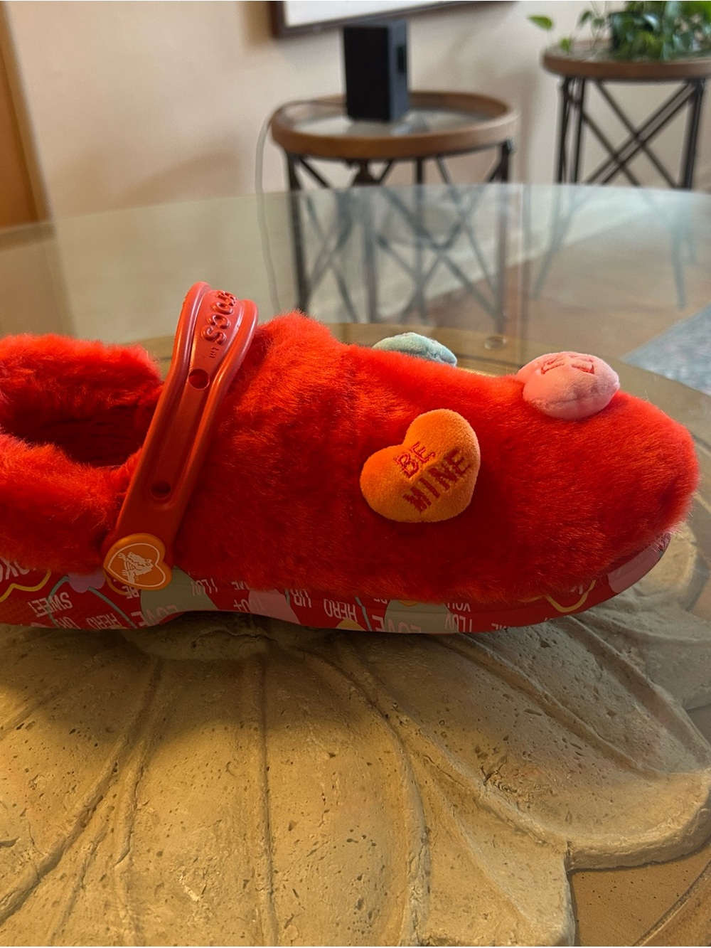 Women Plush Red Slip-On Clog with Heart Charms